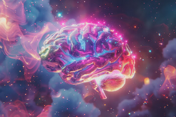 A 3D human brain model glowing with colorful lights is a creative idea.