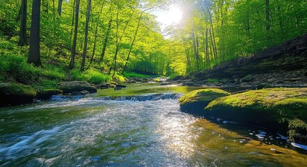 Obraz premium Sunlit Creek Flowing Through Mossy Rocks and Lush Green Trees in George W. Childs State Forest Park on a Summer Day
