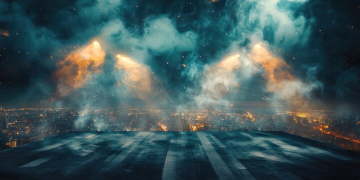 Glowing smoke swirls mid-drift on a sprawling rooftop, pierced by vivid spotlight beams, with a distant cityscape fading into the depths of a dark void