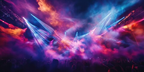 Obraz premium Grand arena stage surrounded by swirling colorful smoke, illuminated by beams from a sophisticated lighting rig, fading into a dark void of concert lighting