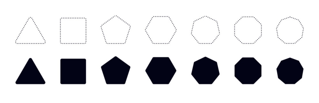 Smooth hexagon shape with geometric edges set. Regular polygon icon. Flat vector illustration isolated on white background.