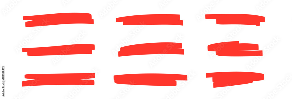 Wall mural red marker strokes set with brush texture for highlighting text. doodle underline or box elements. f