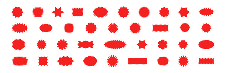 Red promo sticker with starburst shape and splash detail. Oval label for sale, price, or offer seal. Flat vector illustration isolated on white background.