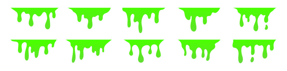 Dripping green goo with splashes and blot effects. Mucus texture blobs. Flat vector illustration isolated on white background.