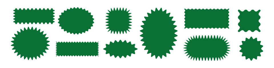 Fototapeta premium Green circular shape with burst edges and scallop frame. Sticker design, badges, or promotional offers. Flat vector illustration isolated on white background.