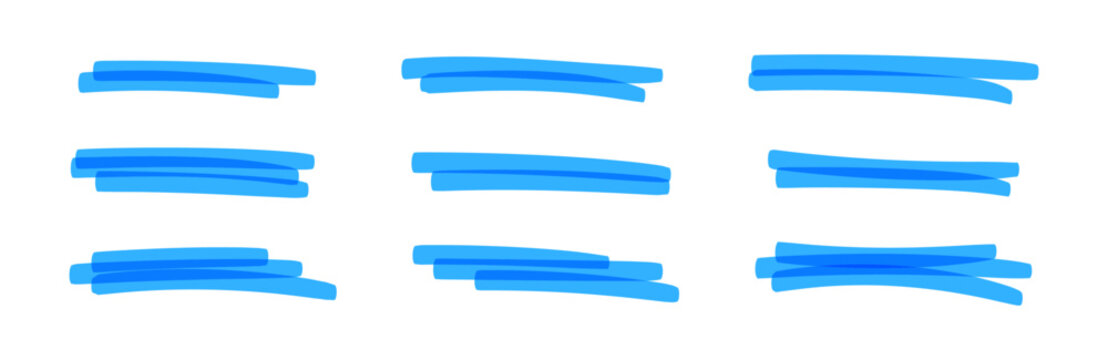 Blue marker strokes set with brush texture for highlighting text. Doodle underline or box elements. Flat vector illustration isolated on white background.