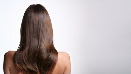 Fototapeta premium Silky Smooth: A woman's long, flowing, brunette hair cascades down her back, showcasing healthy, luscious locks. 