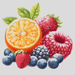 Fresh and Juicy Seasonal Fruits Including Strawberry, Blueberry, Raspberry, Orange Delightfully Arranged on a Light Grey Background
