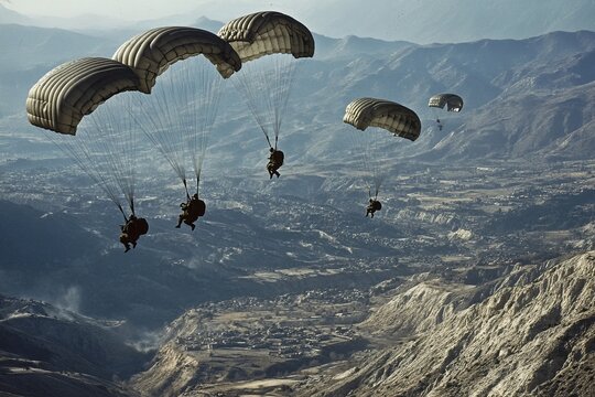 This breathtaking image captures soldiers parachuting over a picturesque valley, blending military precision with natural beauty and adventure in the air.