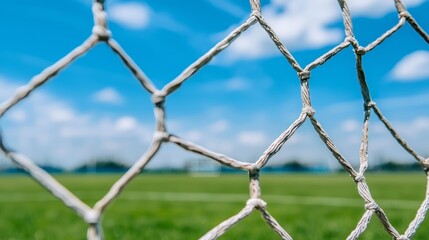 Fototapeta premium Close Up View of Soccer Goal Net with Green Field and Blue Sky Background