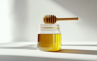 Jar of Honey A glass jar filled with golden honey, with a wooden honey dipper resting on top, on a white background.