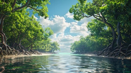 Obraz premium Enchanting Mangrove River Lined with Lush Tropical Foliage Serene and Tranquil Waterway Surrounded by Verdant Mangrove Trees and Vibrant Greenery in a Picturesque Natural Landscape