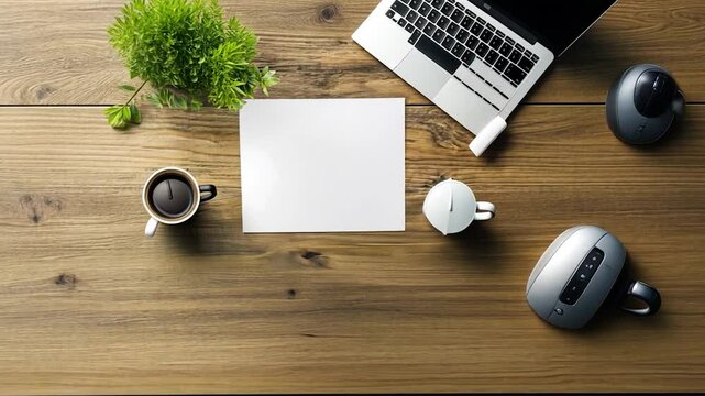 Notebook and pen on a wooden desk with office equipment, coffee, and a computer setup