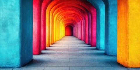 A mesmerizing corridor of vibrant colors featuring vivid shades of blue, red, and orange arches, creating a stunning visual journey through architectural beauty