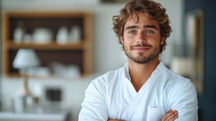 Fototapeta premium Young man smiling confidently in a bright, modern interior space during the morning