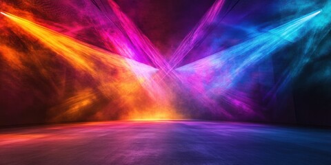 Majestic arena stage wrapped in radiant colorful smoke, illuminated by a network of intersecting spotlight beams, fading into a dark void