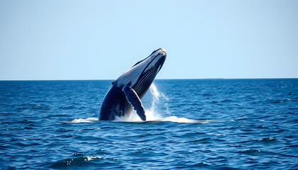 Fototapeta premium Humpback Whale Breaching in Atlantic Ocean Off Cape Cod, MA isolated with white highlights, png