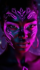 Black Woman luminous neon tribal patterns on a person's face