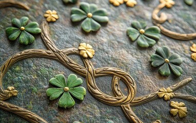 Celtic Patterns and Clovers A detailed close-up of Celtic knot patterns surrounded by clovers and gold accents on a textured background.