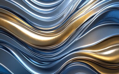 Smooth wave-like lines in metallic shades of silver and gold over a rich deep blue background
