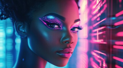 Black woman with neon-infused makeup, exploring the fusion of digital technology