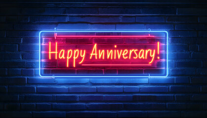 Vibrant neon sign on a brick wall, displaying "Happy Anniversary!" in glowing red letters. Perfect for celebratory backgrounds, greeting cards, or romantic themes.