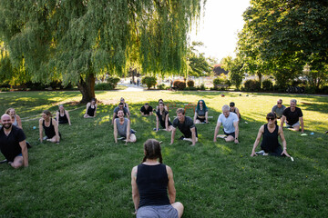 Group Yoga Class in a Sunny Park Setting