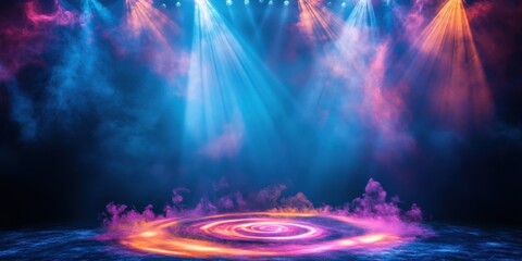 Radiant, colorful smoke spirals colliding on an illuminated arena stage, pierced by powerful spotlight beams, floating within a deep dark void