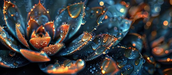 Enchanting lotus flower petals glistening with delicate dew drops amidst the tranquil reflective surface of the water