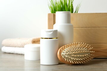 Cosmetic bottles on the table. Personal hygiene products 
