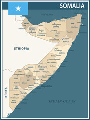 Somalia Map Vector Vintage Dark Blue Beige - Customizable layered political map of Somalia with administrative divisions for website, education, reports, news, politics, print, poster and wallpaper