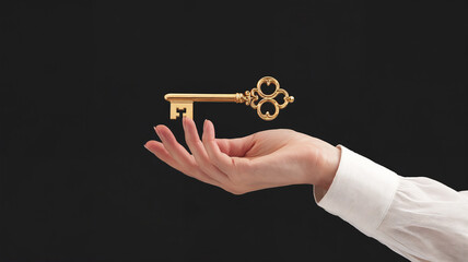 Exquisite and elegant golden key floats in the air above a woman's hand against a completely black background.