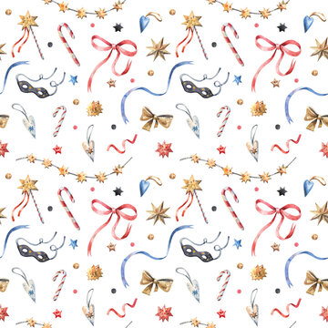 Festive seamless background with garlands, golden stars, tinsel