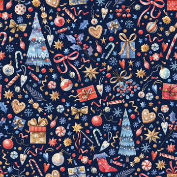 Christmas seamless pattern with gifts, trees and holiday decor
