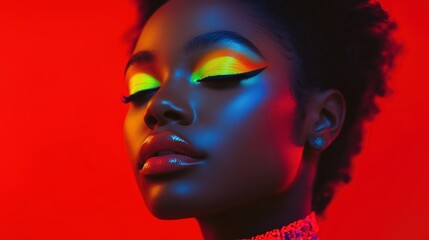 Black woman Neon makeup, focusing on the eyes, set against a rich red background