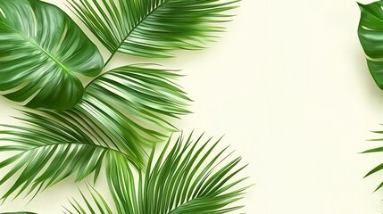 Obraz premium Lush Tropical Leaves Arranged on a Pale Green Background