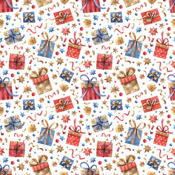 Bright, festive seamless pattern featuring Christmas decor and gifts