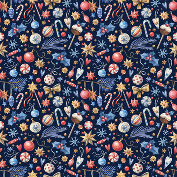 Bright Christmas pattern with festive decor, gifts, and tinsel.