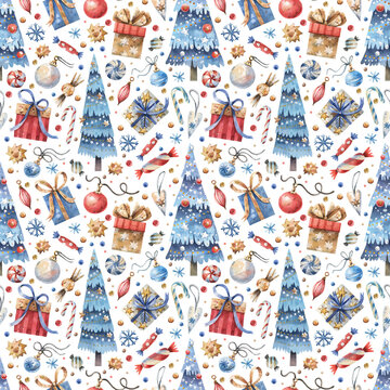 Bright Christmas pattern featuring gifts and Christmas trees