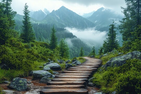 Wooden bridge on green forest and mountains background - Powered by Adobe