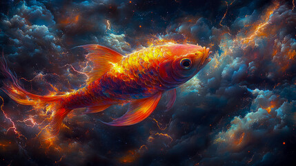 Naklejka premium A goldfish glides gracefully through a dramatic cosmic atmosphere, surrounded by vibrant clouds and electric-like colors, creating a mesmerizing display