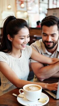 Happy couple sharing a moment in a cozy caf&eacute;, working on a laptop while enjoying a cup of coffee, reflecting connection and modern lifestyle
