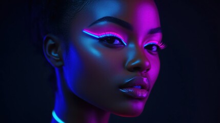 Black woman Neon light design on her face, modern beauty and futuristic artistry