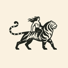 man riding a tiger, wild animal logo vector design