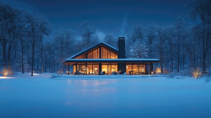 A modern cabin glows warmly amidst a snowy landscape, surrounded by tall trees at night, creating a tranquil and inviting atmosphere in winter