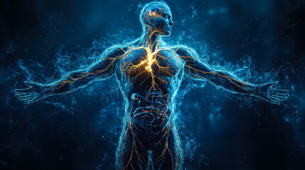 An artistic representation of the human body illuminated with energy and light, showcasing internal structures and vitality in a dark environment