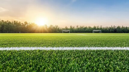 Serene Sunset Over Lush Green Soccer Field with Goals
