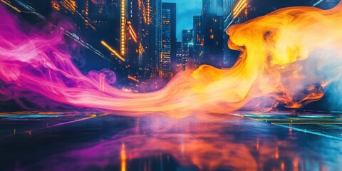 Fototapeta premium Swirling colorful smoke wafting across a rooftop with intersecting light beams creating a dynamic interplay of colors, framed by a dark urban void