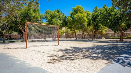 Sunny Day at the Beach Volleyball Court with Lush Greenery