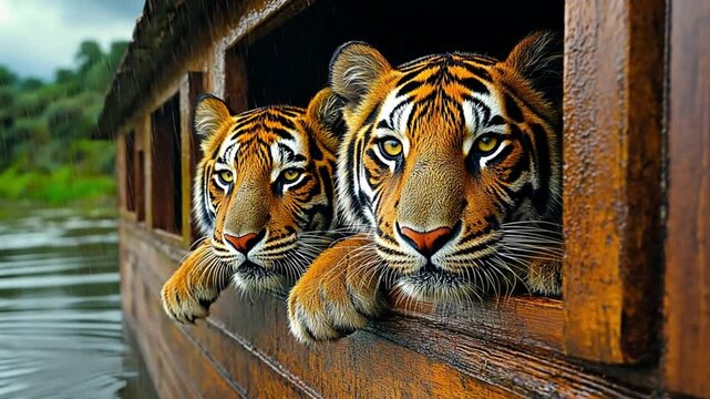 Tigers aboard Noah's Ark find solace during rainfall, symbolizing protection and renewal. Concept of divine intervention and the unity of all creatures.